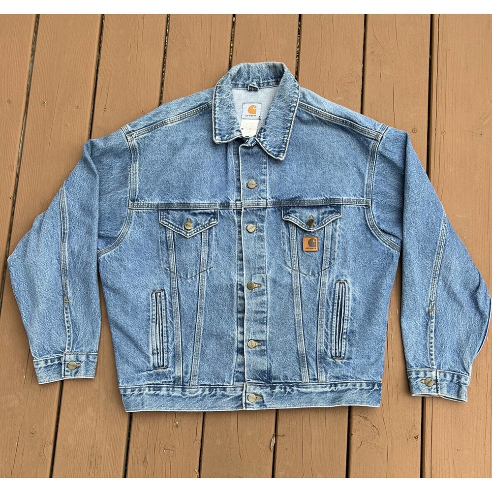 Carhartt J12 DST Vintage Made In USA Denim Jean Trucker Jacket Mens Large